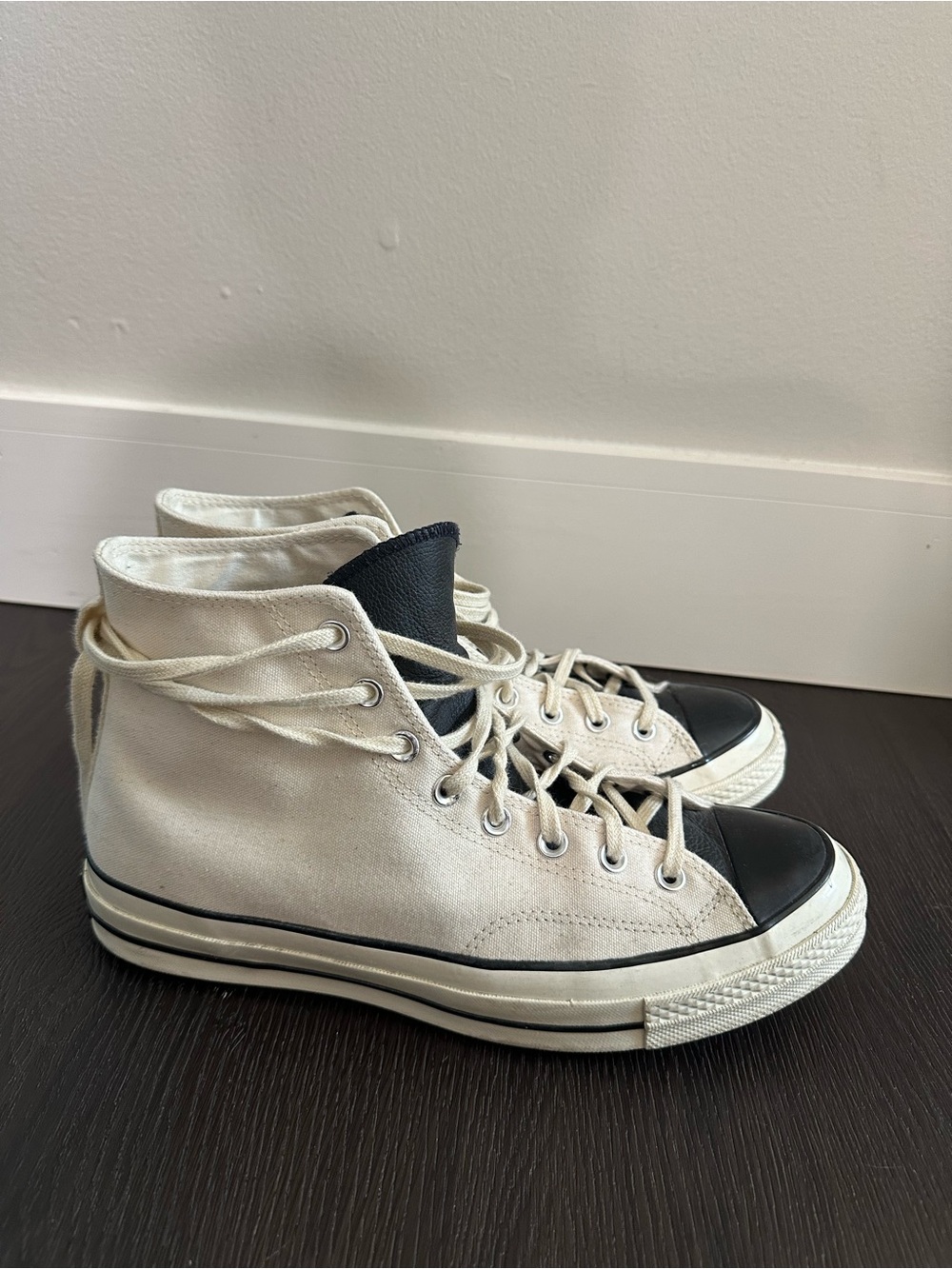 Essentials Off-White High-Top Canvas Sneakers with Black Heel Patch